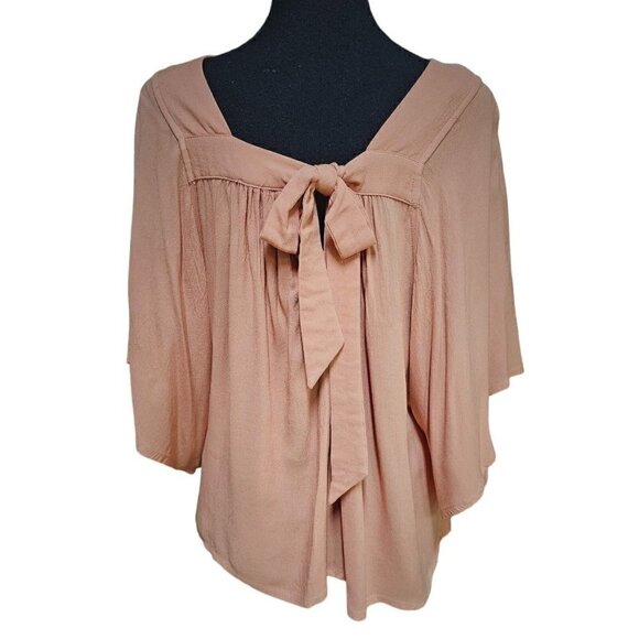 Easel Rayon Peach Loose and Flowy Blouse. Kimono Sleeves, Rear Bowtie, Size S - Picture 1 of 6